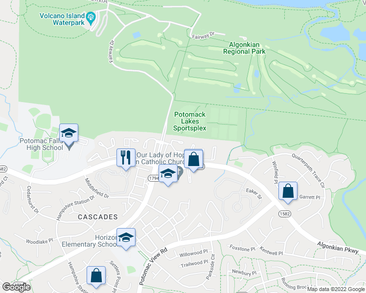 map of restaurants, bars, coffee shops, grocery stores, and more near 20337 Ashcroft Terrace in Sterling