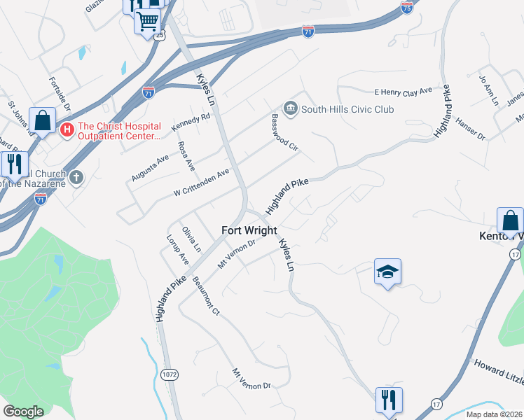 map of restaurants, bars, coffee shops, grocery stores, and more near 1636 Highland Avenue in Fort Wright