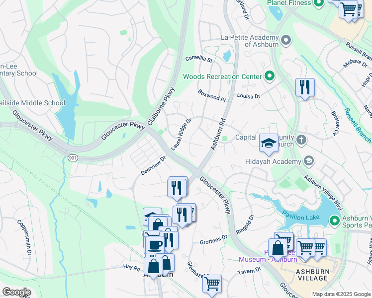 map of restaurants, bars, coffee shops, grocery stores, and more near 20355 Snowpoint Place in Ashburn