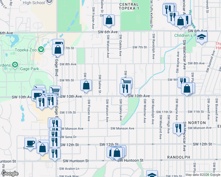 map of restaurants, bars, coffee shops, grocery stores, and more near 913 Southwest Oakley Avenue in Topeka