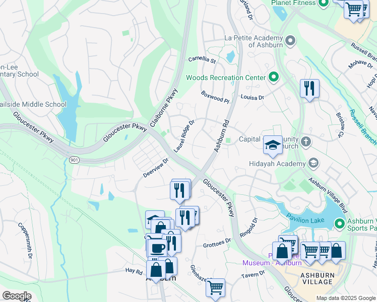 map of restaurants, bars, coffee shops, grocery stores, and more near 20355 Snowpoint Place in Ashburn