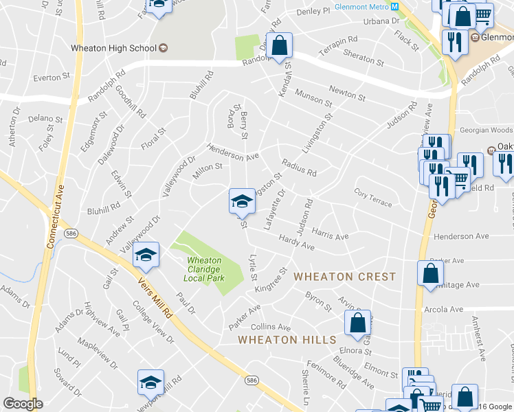 map of restaurants, bars, coffee shops, grocery stores, and more near 3007 Kramer Street in Silver Spring