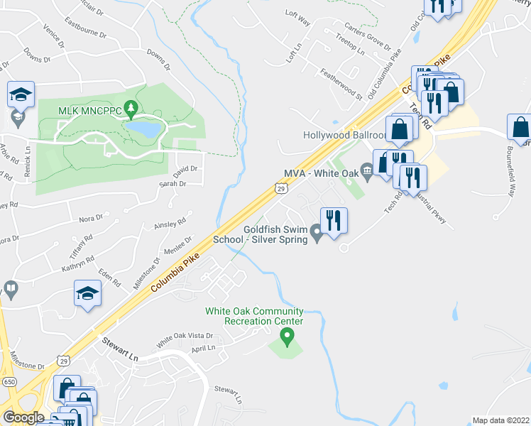 map of restaurants, bars, coffee shops, grocery stores, and more near 11841 Old Columbia Pike in Silver Spring