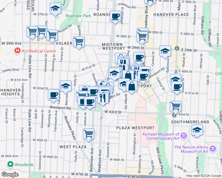 map of restaurants, bars, coffee shops, grocery stores, and more near 4201 Clark Avenue in Kansas City