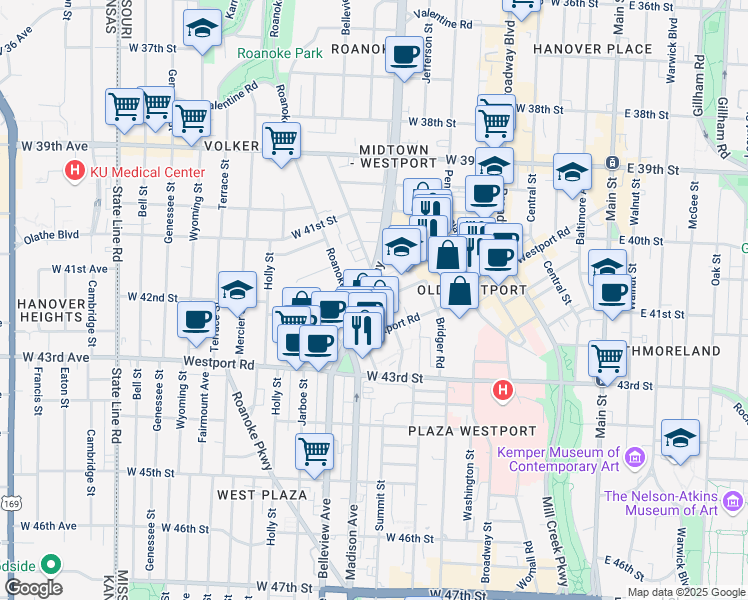 map of restaurants, bars, coffee shops, grocery stores, and more near 4151 Clark Avenue in Kansas City