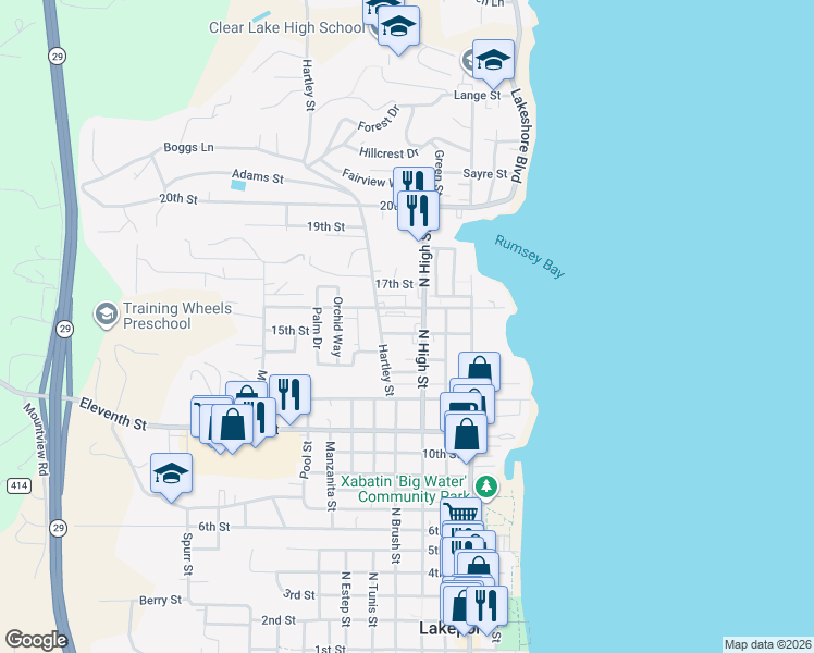 map of restaurants, bars, coffee shops, grocery stores, and more near 344 15th Street in Lakeport