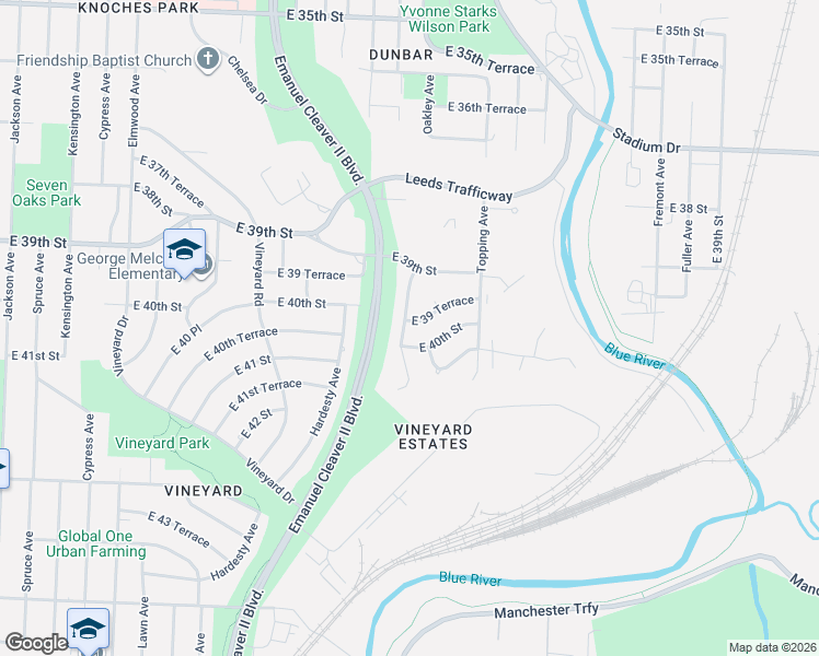 map of restaurants, bars, coffee shops, grocery stores, and more near 3939 Oakley Avenue in Kansas City
