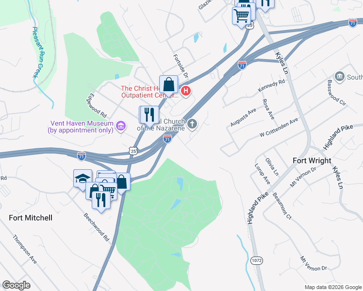 map of restaurants, bars, coffee shops, grocery stores, and more near 34 East Orchard Road in Fort Mitchell
