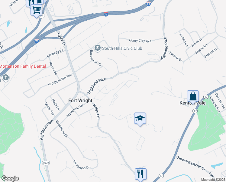 map of restaurants, bars, coffee shops, grocery stores, and more near 518 Kluemper Court in Covington