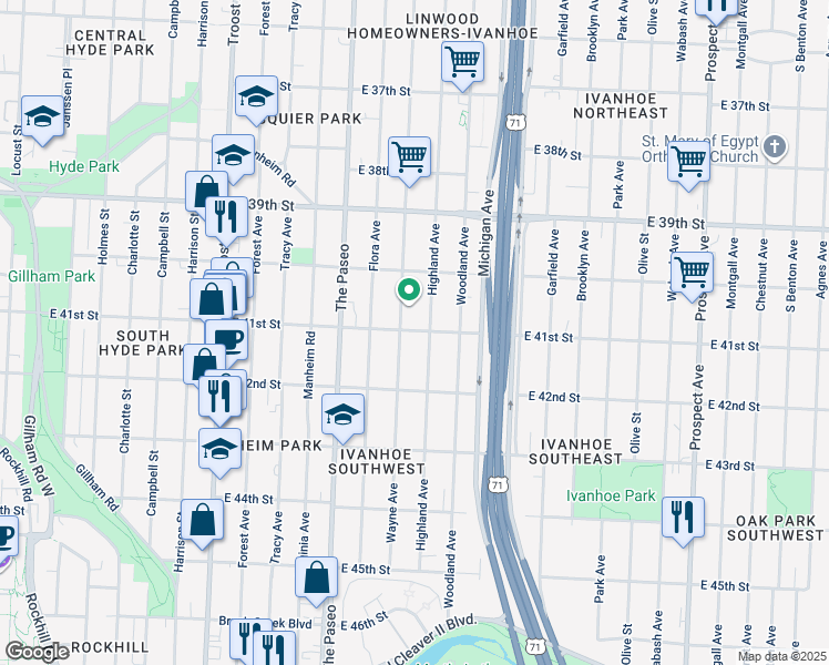 map of restaurants, bars, coffee shops, grocery stores, and more near 1616 East 41st Street in Kansas City