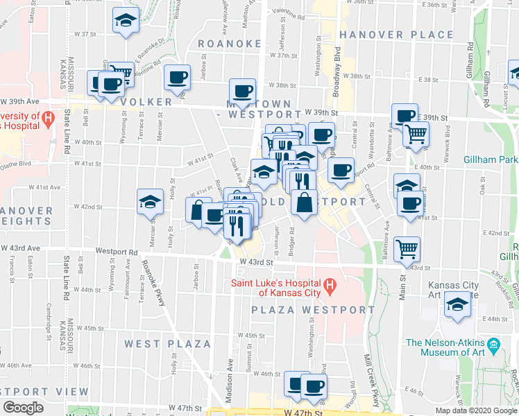map of restaurants, bars, coffee shops, grocery stores, and more near 4151 Clark Avenue in Kansas City