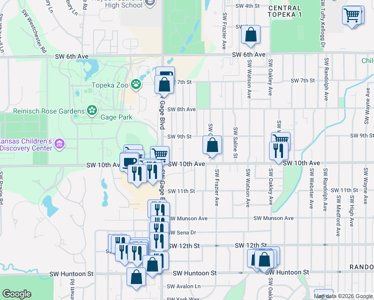 map of restaurants, bars, coffee shops, grocery stores, and more near 914 Southwest Cambridge Avenue in Topeka