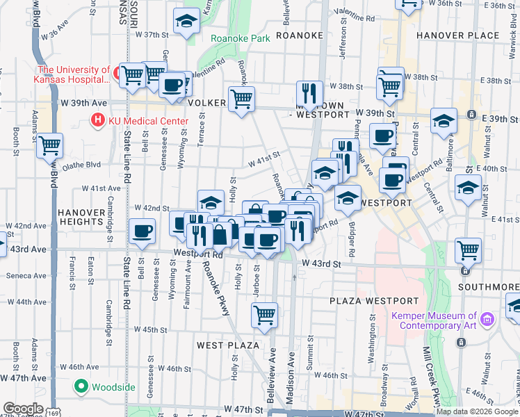 map of restaurants, bars, coffee shops, grocery stores, and more near 926 West 42nd Street in Kansas City