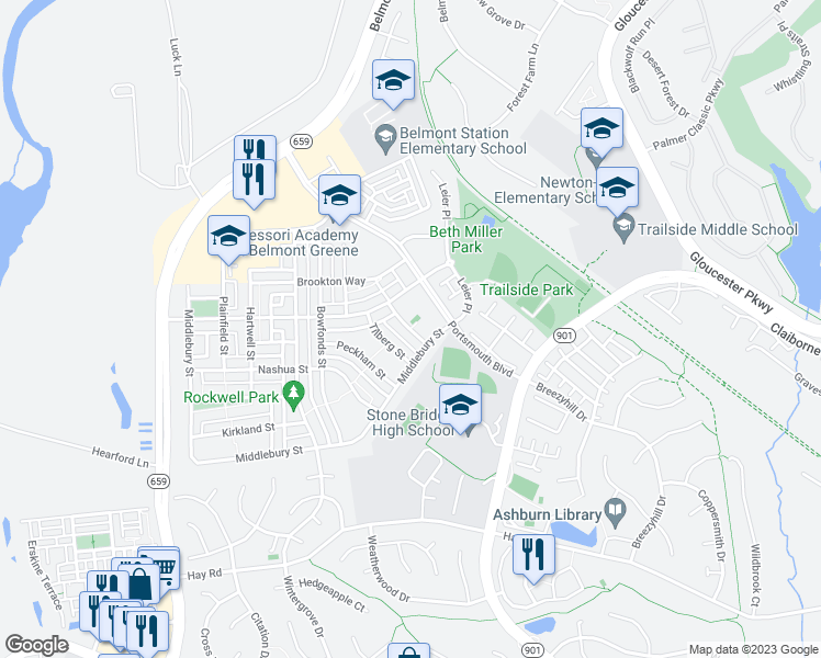 map of restaurants, bars, coffee shops, grocery stores, and more near 20370 Tholen Street in Ashburn