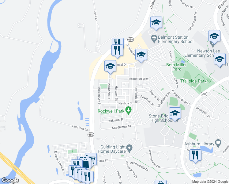 map of restaurants, bars, coffee shops, grocery stores, and more near 20389 Hartwell Street in Ashburn