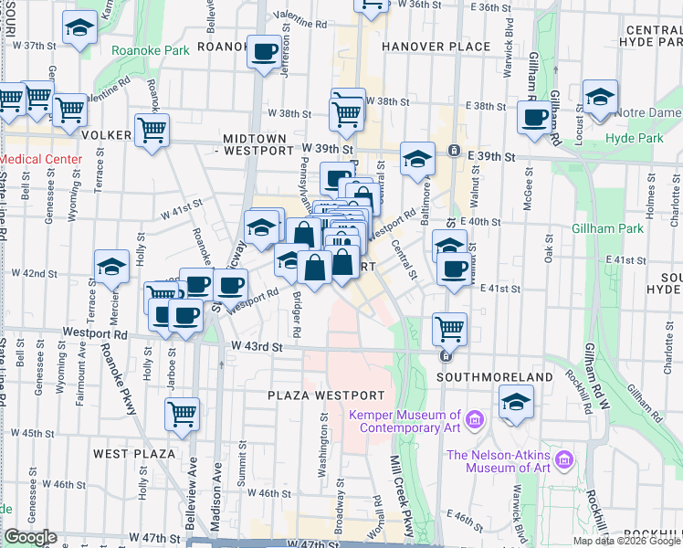 map of restaurants, bars, coffee shops, grocery stores, and more near 4110 Pennsylvania Ave in Kansas City