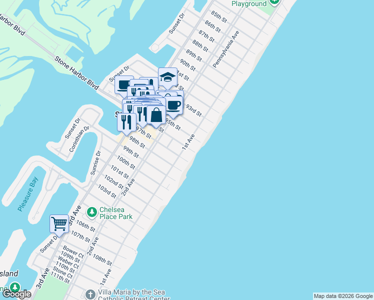 map of restaurants, bars, coffee shops, grocery stores, and more near 134 96th Street in Stone Harbor
