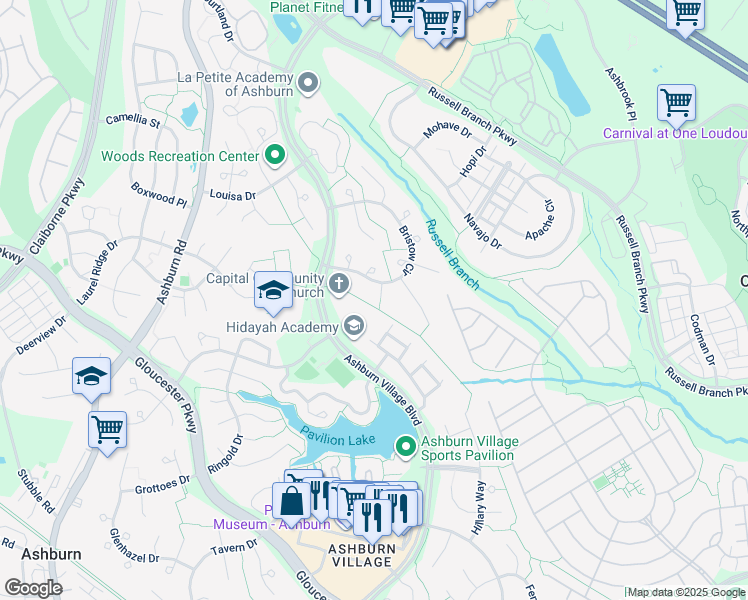 map of restaurants, bars, coffee shops, grocery stores, and more near 20385 Harmony Court in Ashburn