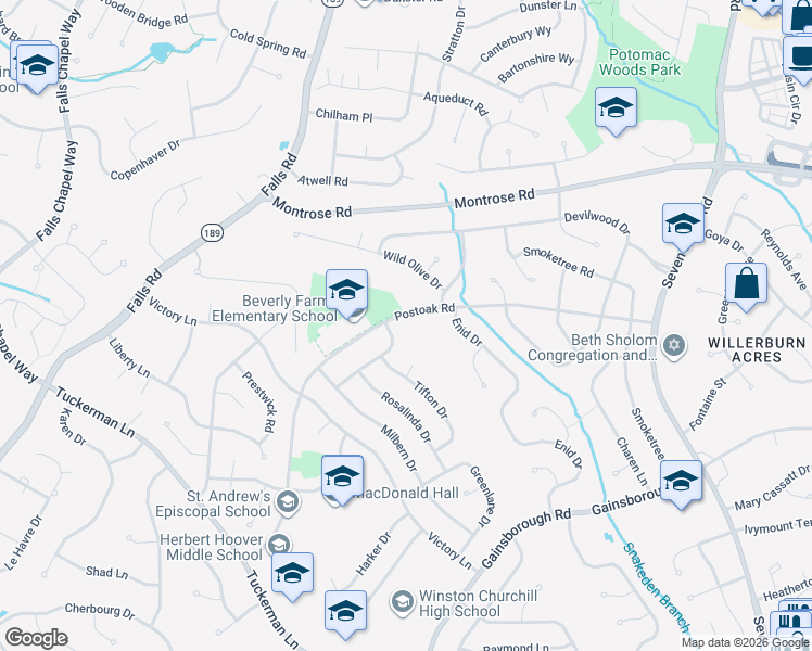 map of restaurants, bars, coffee shops, grocery stores, and more near 8408 Postoak Road in Rockville