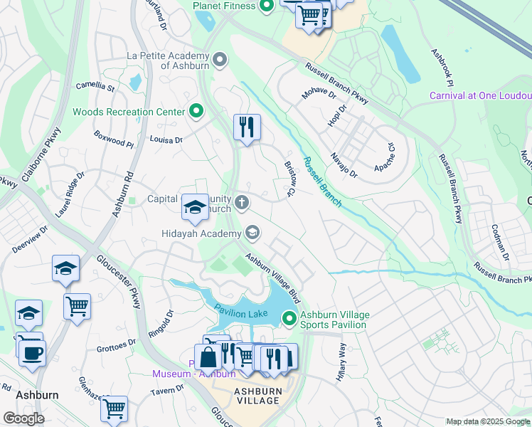 map of restaurants, bars, coffee shops, grocery stores, and more near 20385 Harmony Court in Ashburn