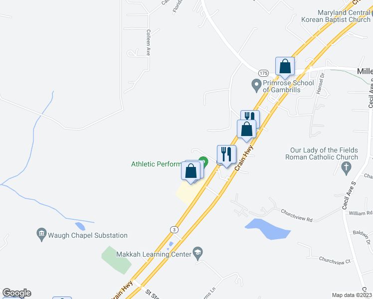 map of restaurants, bars, coffee shops, grocery stores, and more near 730 Maryland 3 in Gambrills