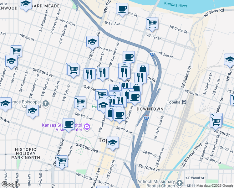 map of restaurants, bars, coffee shops, grocery stores, and more near 500-598 SW Jackson St in Topeka