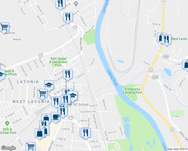 map of restaurants, bars, coffee shops, grocery stores, and more near 3320 Winchester Avenue in Covington