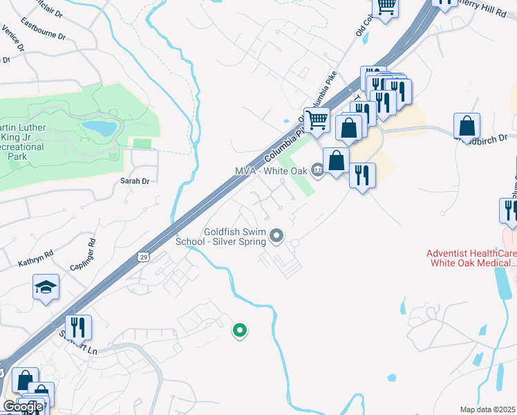 map of restaurants, bars, coffee shops, grocery stores, and more near 12001 Old Columbia Pike in Silver Spring