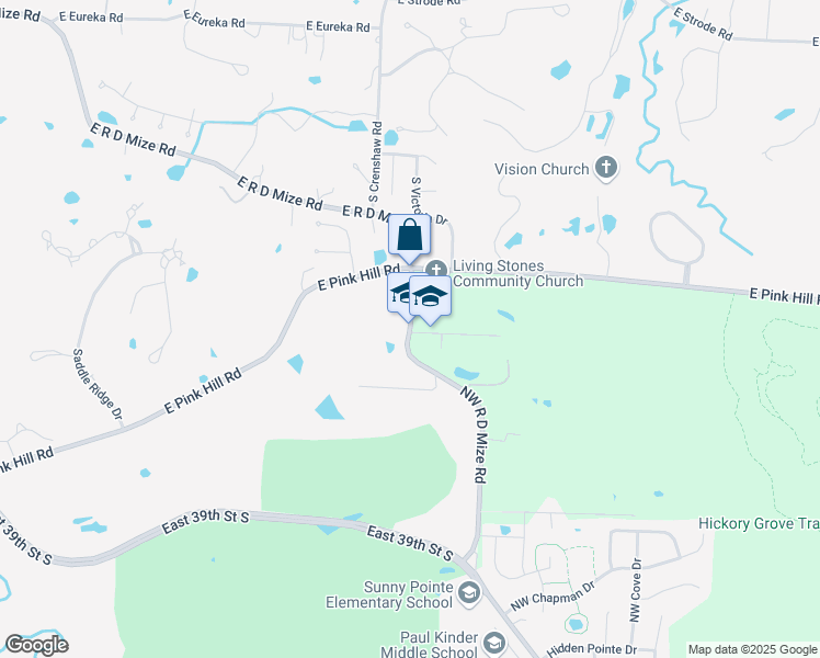map of restaurants, bars, coffee shops, grocery stores, and more near 3920 Northwest R D Mize Road in Blue Springs