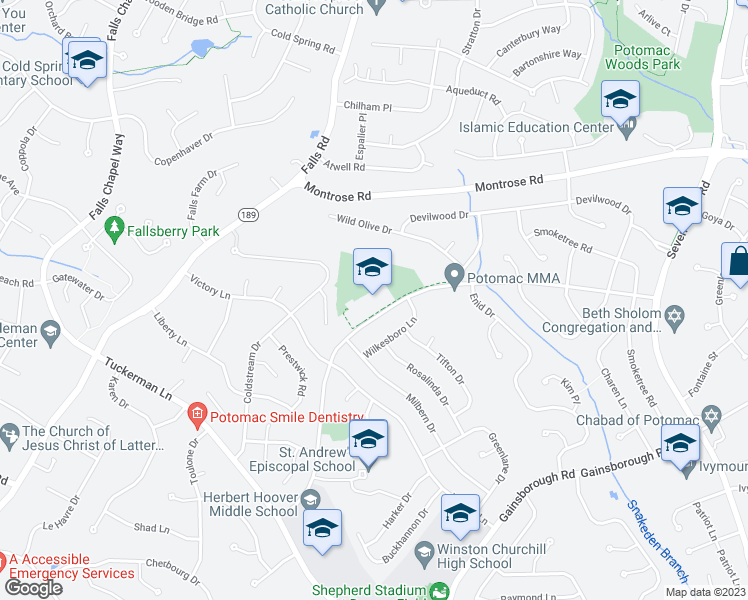 map of restaurants, bars, coffee shops, grocery stores, and more near 8501 Postoak Road in Potomac