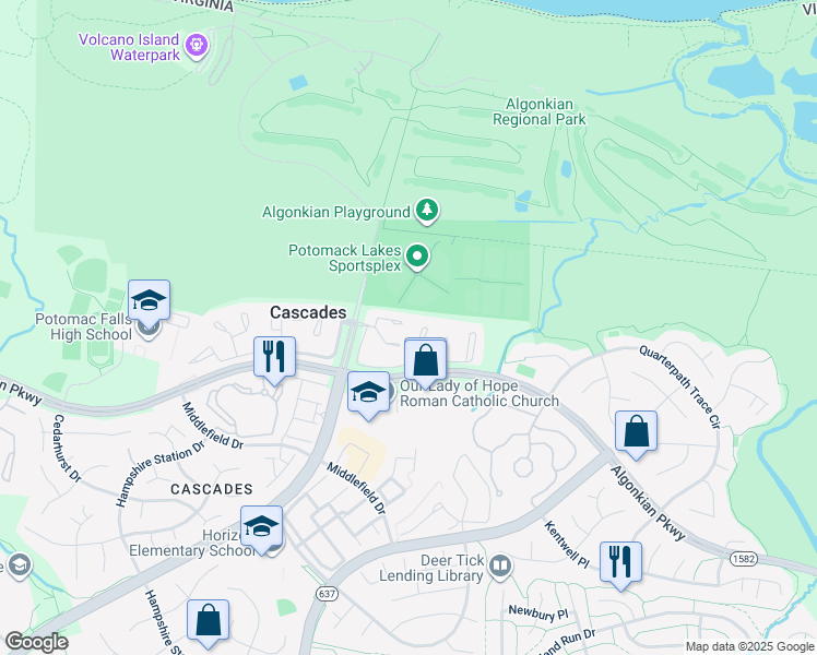 map of restaurants, bars, coffee shops, grocery stores, and more near 20331 Ashcroft Terrace in Sterling
