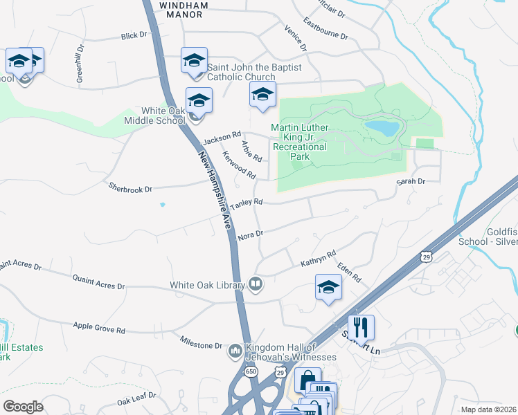 map of restaurants, bars, coffee shops, grocery stores, and more near 11911 Renick Lane in Silver Spring