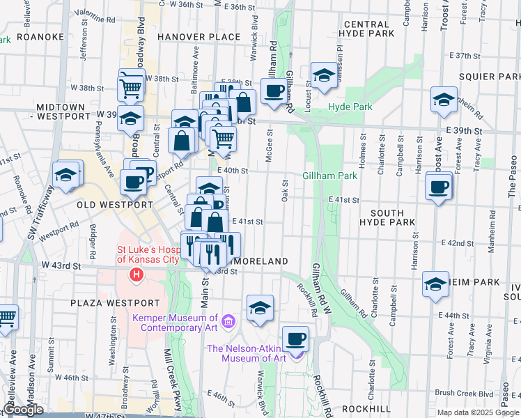 map of restaurants, bars, coffee shops, grocery stores, and more near 4041 McGee Street in Kansas City
