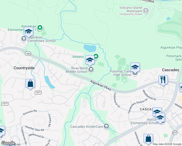 map of restaurants, bars, coffee shops, grocery stores, and more near 46240 Algonkian Parkway in Sterling