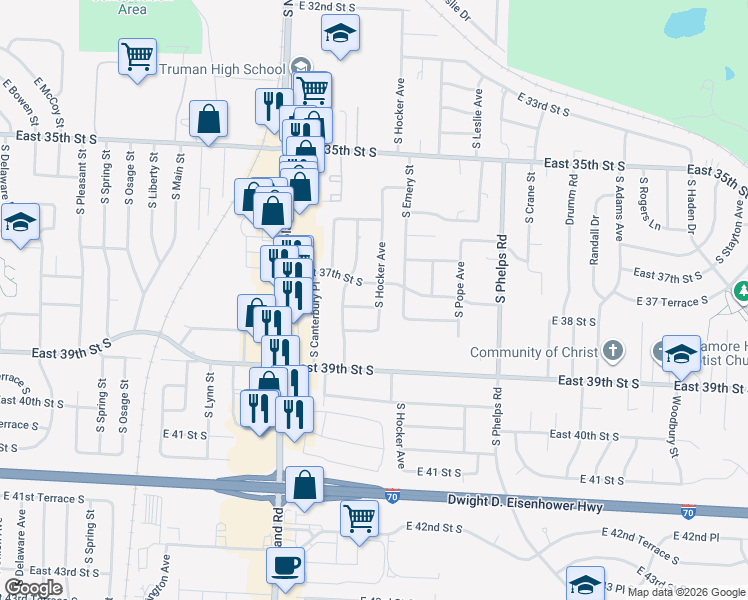 map of restaurants, bars, coffee shops, grocery stores, and more near 14213 East 37th Street South in Independence