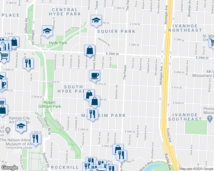 map of restaurants, bars, coffee shops, grocery stores, and more near 1217 East 41st Street in Kansas City