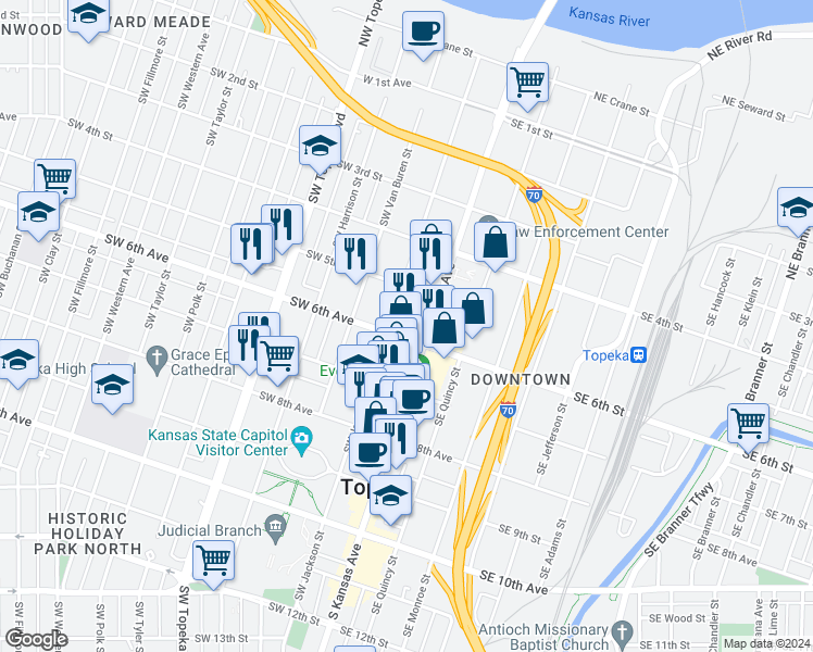 map of restaurants, bars, coffee shops, grocery stores, and more near 114 Southwest 6th Avenue in Topeka