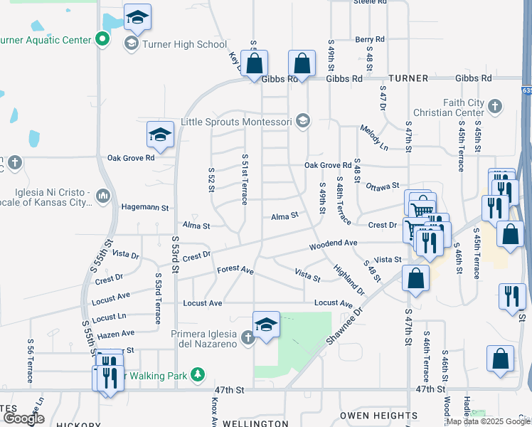 map of restaurants, bars, coffee shops, grocery stores, and more near 5030 Alma Street in Kansas City