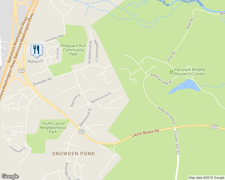 map of restaurants, bars, coffee shops, grocery stores, and more near 10406 Balsamwood Drive in Laurel