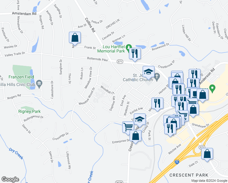 map of restaurants, bars, coffee shops, grocery stores, and more near 2308 Woodhill Court in Crescent Springs