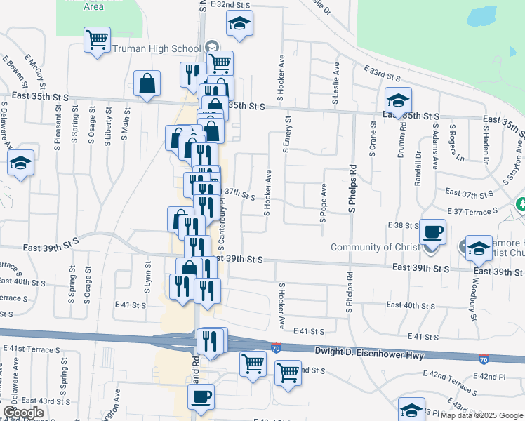 map of restaurants, bars, coffee shops, grocery stores, and more near 14213 East 37th Street South in Independence