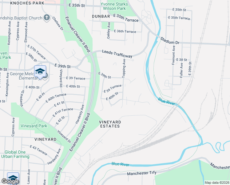 map of restaurants, bars, coffee shops, grocery stores, and more near 5700 East 40 Street in Kansas City