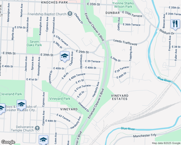 map of restaurants, bars, coffee shops, grocery stores, and more near 5122 East 40th Terrace in Kansas City