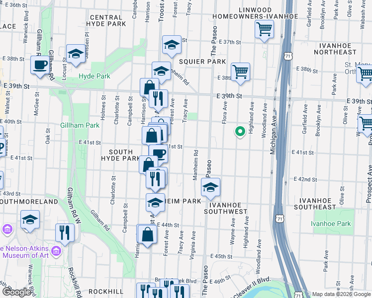 map of restaurants, bars, coffee shops, grocery stores, and more near 1320 East 41st Street in Kansas City