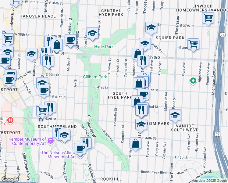 map of restaurants, bars, coffee shops, grocery stores, and more near 707 East 41st Street in Kansas City