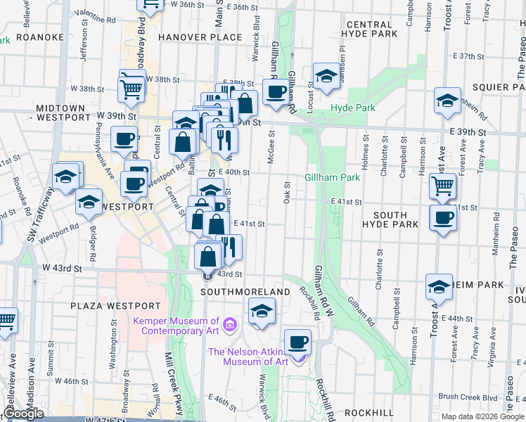 map of restaurants, bars, coffee shops, grocery stores, and more near 4041 McGee Street in Kansas City
