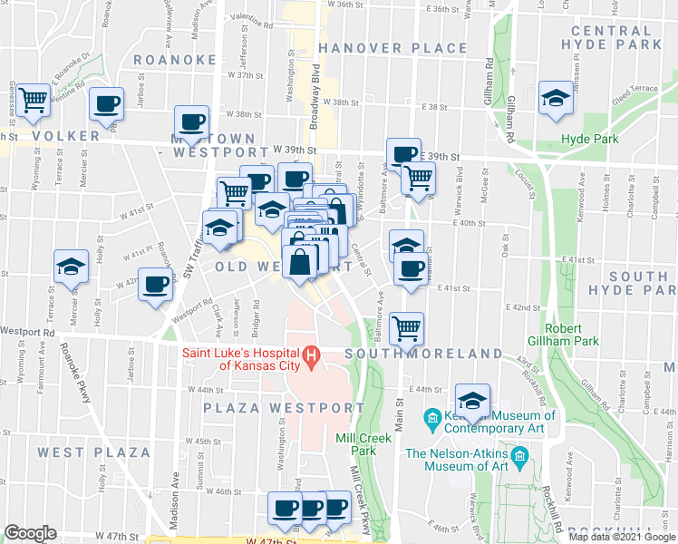 map of restaurants, bars, coffee shops, grocery stores, and more near 4116 Broadway Boulevard in Kansas City