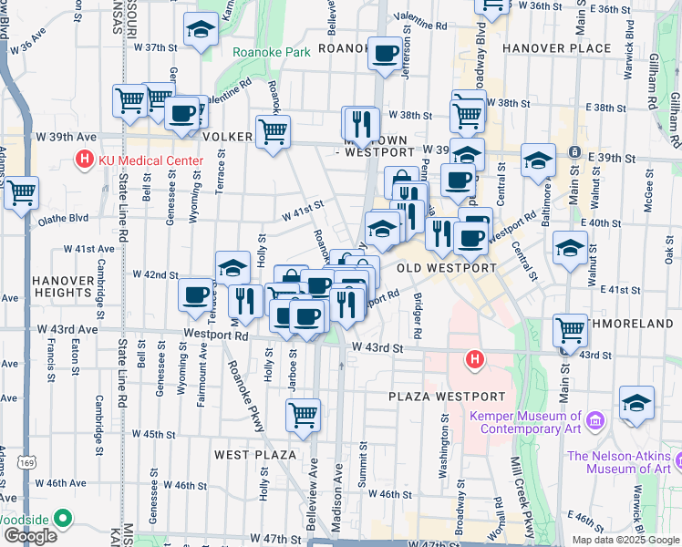 map of restaurants, bars, coffee shops, grocery stores, and more near 4201 Roanoke Road in Kansas City