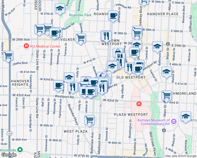 map of restaurants, bars, coffee shops, grocery stores, and more near 4201 Roanoke Road in Kansas City