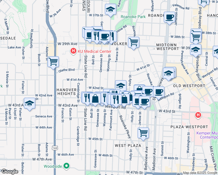 map of restaurants, bars, coffee shops, grocery stores, and more near 4146 Terrace Street in Kansas City
